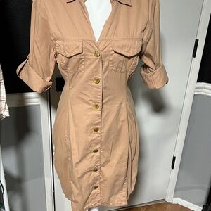 G by Guess Tan Buttoned Midi Dress with Notched Collar